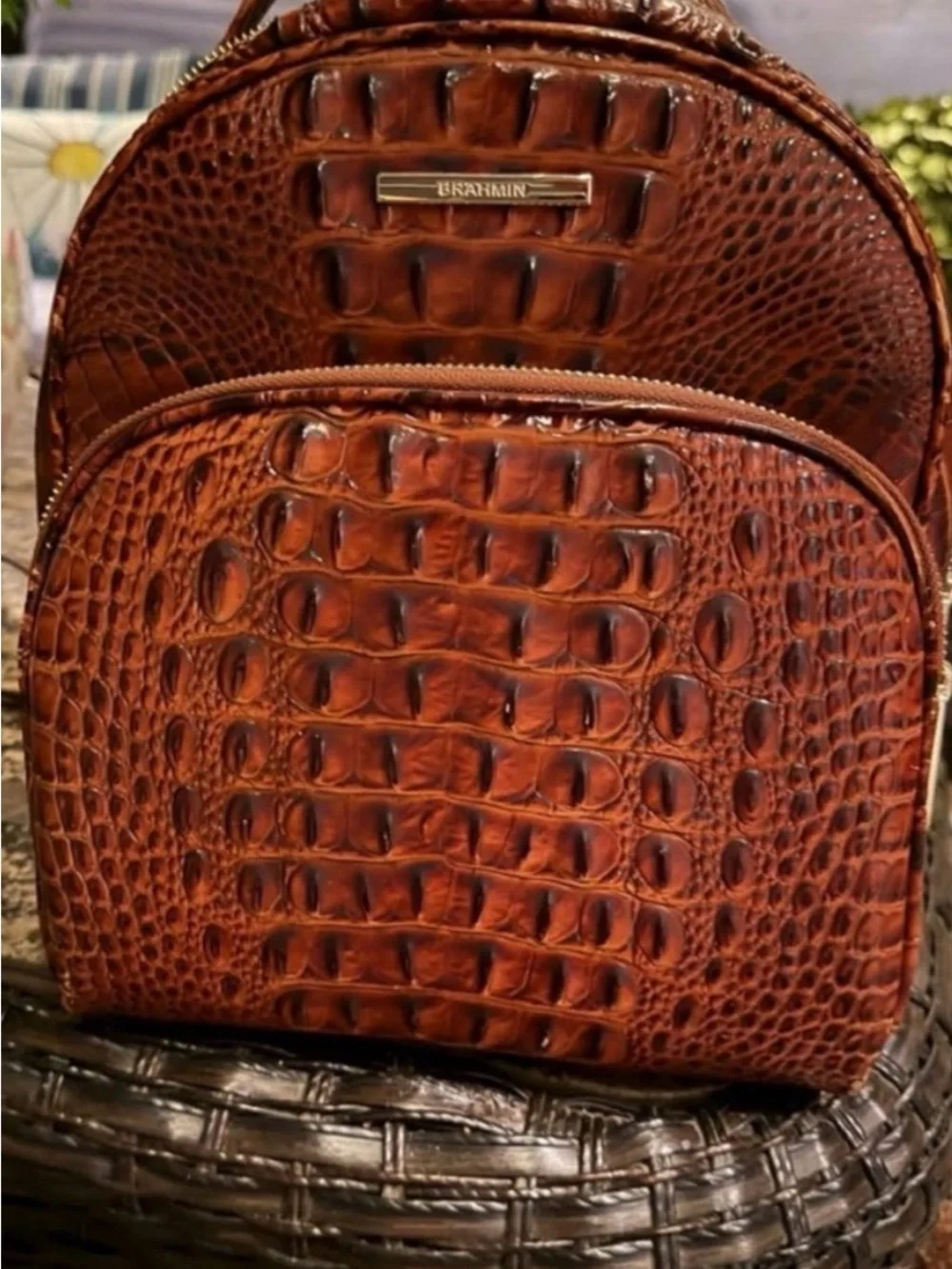 Brahmin Brown Croc-Embossed Leather Backpack - Picture 3 of 6